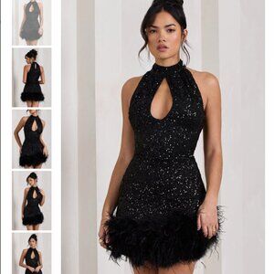 Club L London Black Sequin Mini Dress With Feather Hem Detail, Size 2